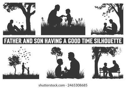 Happy Father's Day, Assortment of Father and son silhouettes, An illustration celebrating Father's Day images of father and children.