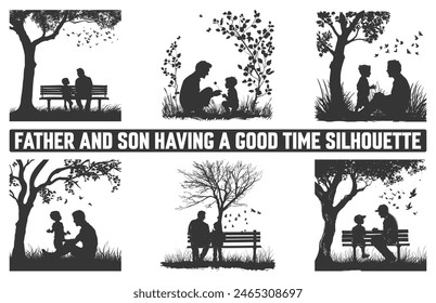 Happy Father's Day, Assortment of Father and son silhouettes, An illustration celebrating Father's Day images of father and children.