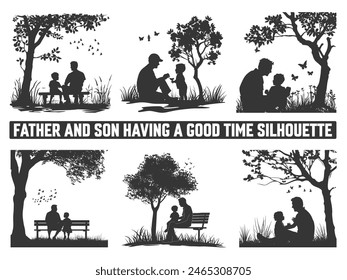 Happy Father's Day, Assortment of Father and son silhouettes, An illustration celebrating Father's Day images of father and children.