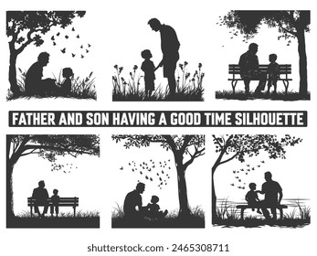 Happy Father's Day, Assortment of Father and son silhouettes, An illustration celebrating Father's Day images of father and children.