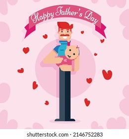 Happy Fathers Day background banner post poster vector, dad with kid baby child illustration
