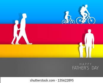 Happy Fathers Day background with father and son in various activities on colorful abstract background.