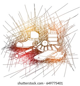 Happy Father's Day background with hand drawn accessories as shoe, necktie, wrist watch, smartphone etc on abstract intersecting lines.