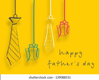 Happy Fathers Day background with handing neckties and gift boxes.