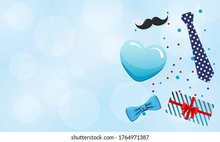 Happy father's day background with illustrations of balloons, gift boxes, mustaches, ribbons and tie