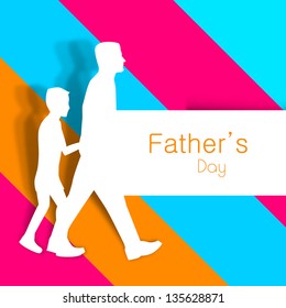 Happy Fathers Day background with paper cut out of a father holding hand of his son on colorful abstract background.