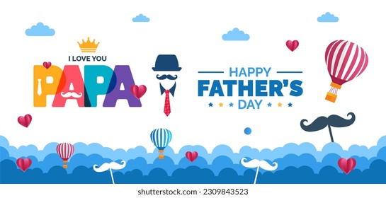 happy Father's Day background poster, greetings card or banner design template with parachute, cloud, necktie, glasses, hat, and gift box. celebrate in june. stylish papa typography design.