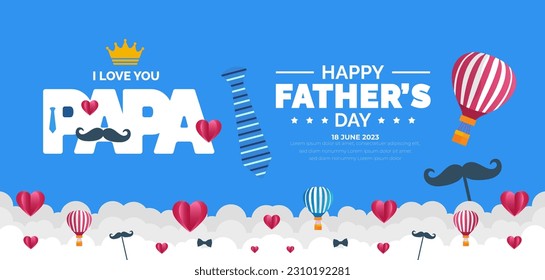 cartel de fondo del Día del Padre feliz, tarjeta de saludos o plantilla de diseño de banner con paracaídas, nube, corbata, gafas, sombrero y caja de regalo. celebrar en junio. diseño elegante de tipografía papa.