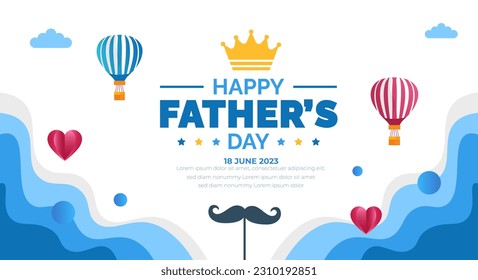 happy Father's Day background poster, greetings card or banner design template with parachute, cloud, necktie, glasses, hat, and gift box. celebrate in june. stylish papa typography design.