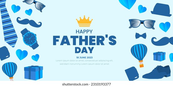 happy Father's Day background poster or banner design template celebrate in june. Father's Day background or banner with necktie, glasses, hat, and gift box. happy fathers day poster, greetings.