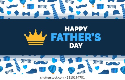 happy Father's Day background poster or banner design template celebrate in june. Father's Day background or banner with necktie, glasses, hat, and gift box. happy fathers day poster, greetings.