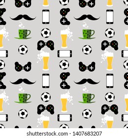 Happy Father's day background. Seamless pattern with male iconic elements with beer, coffee, soccer ball, cell phone and gamepad