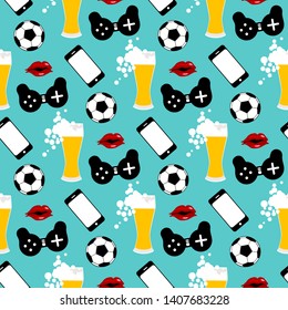 Happy Father's day background. Seamless pattern with male iconic elements with beer, woman , soccer ball and gamepad