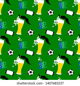 Happy Father's day background. Seamless pattern with male iconic elements with beer, coffee, soccer ball and cell phone