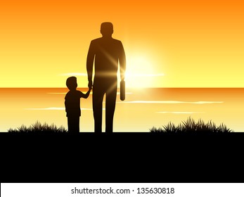 Happy Fathers Day background with silhouette of a father holding his child hand on evening background.