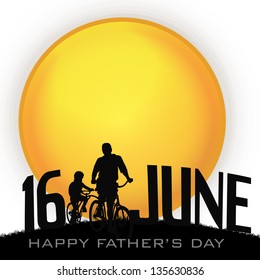 Happy Fathers Day background with silhouette of a father and son riding cycles and text 16th June.