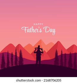 Happy Father's Day Background. Silhouette of Family in the mountains and trees vector illustration