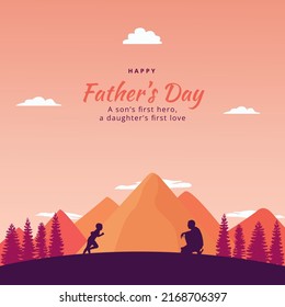 Happy Father's Day Background. Silhouette of father and son in the mountains vector illustration	