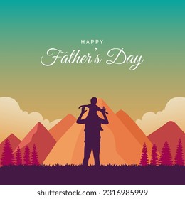 Happy Father's Day Background. Silhouette of Family in the mountains and trees vector illustration