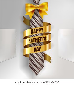 Happy Father's Day background template with man brown tie and white shirt with gold bow and ribbon for promotion banner, ads, flyers, invitation, posters, brochure, discount, sale offers. Vector