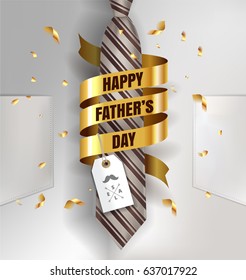 Happy Father's Day background template with man brown tie and white shirt with gold bow and ribbon for promotion banner, ads, flyers, invitation, posters, brochure, discount, sale offers. Vector