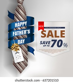 Happy Father's Day background template with man brown tie and white shirt with gold bow and blue ribbon for promotion banner, ads, flyers, invitation, posters, brochure, discount, sale offers. Vector