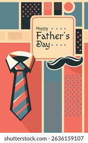 Happy Father's Day Background with Tie and Mustache Icons. Flat vector background featuring tie and mustache icons to celebrate Father's Day. Ideal for greeting cards, posters, and social media posts.