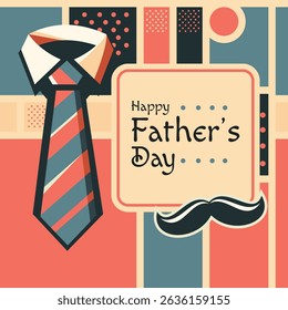 Happy Father's Day Background with Tie and Mustache Icons. Flat vector background featuring tie and mustache icons to celebrate Father's Day. Ideal for greeting cards, posters, and social media posts.