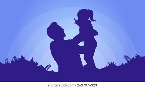 Happy father's day background vector, silhouette of a father playing with his daughter for greeting card, social media post or web banner
