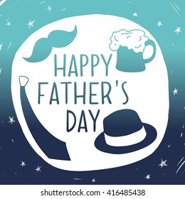 Happy fathers day background. Vector composition with a gradient and a silhouette of a mustache, hat, tie and beer.