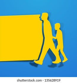 Happy Fathers Day background with yellow paper cut out of a father holding his son hand on blue background.