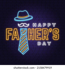 Happy Father's Day badge, logo Neon sign. Vector illustration. Vintage style Father's Day Designs with hipster hat and ties bright signboard, light banner.