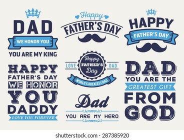 Happy Father's Day Badge Logo Vector Element Set In Retro Blue Tone