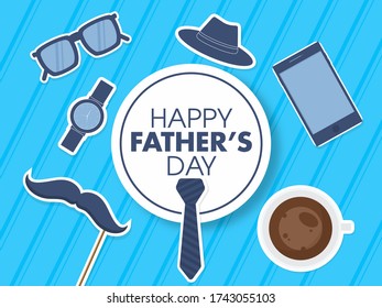 Happy Father's Day Badge with Sticker Style Necktie, Smartphone, Fedora Hat, Glasses, Wristwatch, Mustache Stick and Coffee Cup on Blue Strip Background.