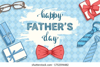 Happy father's day. Banner / background for Father's Day with gifts and ties