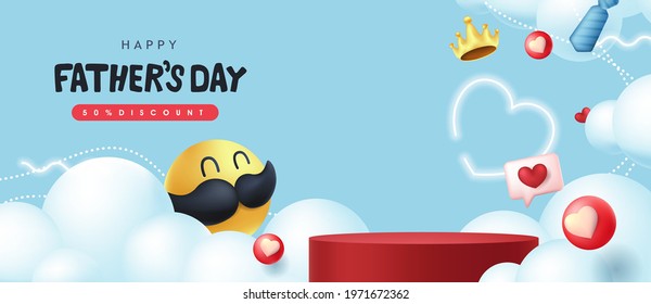 Happy Fathers Day banner background with Smiling emoji and product display cylindrical shape. 