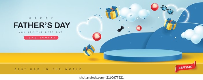 Happy Father's Day Banner Background With Studio Table Room Product Display And Gift Box For Dad On Blue Background