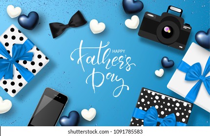 Happy Father's day banner design with lettering,gifts boxes,camera, phone, bow tie and hearts.Vector illustration