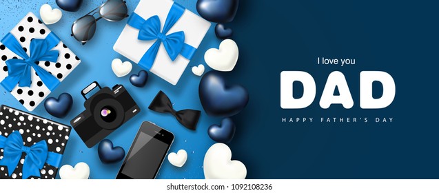 Happy Father's day banner design with gifts boxes,camera, phone, sunglasses,bow tie and hearts.Vector illustration