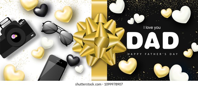 Happy Father's day banner design with camera, phone, sunglasses, hearts and golden bow.Vector illustration.