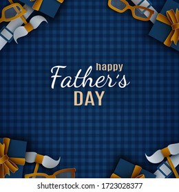 Happy Father's Day banner design for holiday greeting card, poster. Checkered blue background, golden mustache shaped bow tie, suspenders. Congratulation text, paper cut out style, vector illustration