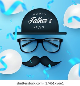 Happy Fathers day banner design with hat, mustache, white air balloons and eyeglasses on blue background with falling foil confetti. Vector illustration