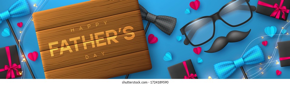 Happy Fathers Day banner with glasses, bow tie, mustache, gift box and hearts. Realistic style decorative elements with greeting text. Vector promotional template.