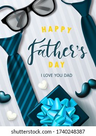 Happy father's day banner with glasses, tie, gift box, mustache and hearts.Design template for posters, postcard, promotional materials.Vector illustration