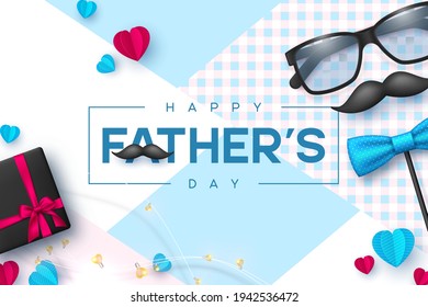 Happy Fathers Day banner with glasses, bow tie, mustache, gift box and hearts. Realistic style decorative elements with greeting text. Vector promotional template.