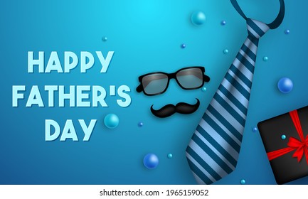 Happy Fathers Day banner with glasses, tie, mustache, gift box and balls. Realistic style decorative elements with greeting text. Vector promotional template