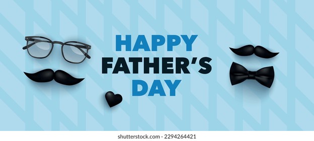 Happy Father's Day banner with glasses, moustache, bow tie and black heart at blue background. Vector for for banner, poster, sale, promo, discount, website social media, flyer, brochure, event, ads