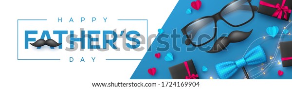 Happy Fathers Day banner\
with glasses, bow tie, mustache, gift box and hearts. Realistic\
style decorative elements with greeting text. Vector promotional\
template.