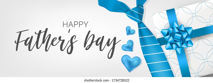 Happy Father's Day banner or header. Blue tie and gift box. Vector illustration.