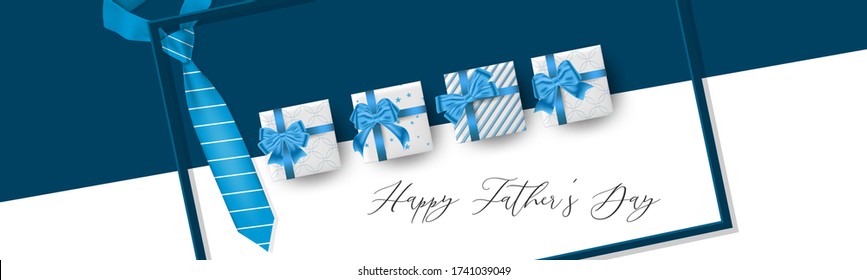 Happy Father's Day banner or header. Blue tie and gift box. Vector illustration.